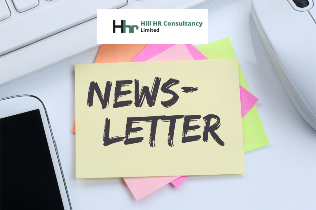 Pic of yellow sticky note with words Newsletter #hillhr logo